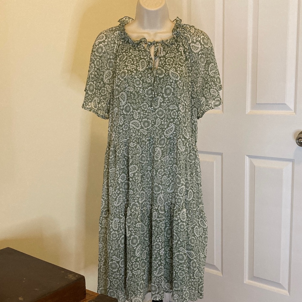 Lark + Grey Green and White Paisley Midi Dress (L)